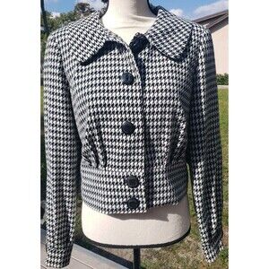 WORTHINGTON Sz M Houndstooth Button Blazer Jacket Cropped Lined Peter Pan Collar